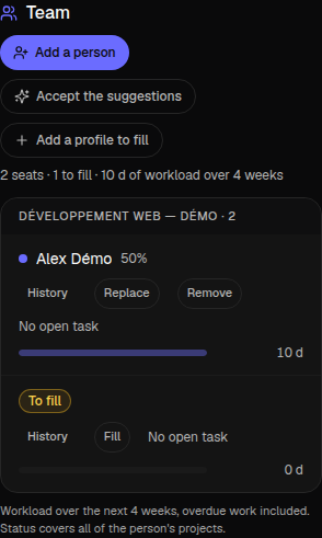 Two seats with the same profile: Alex occupies the first; the second remains unfilled.