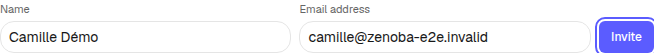 Invite onto a seat: enter a name and email. The form is shown before sending; no email was sent for the capture.