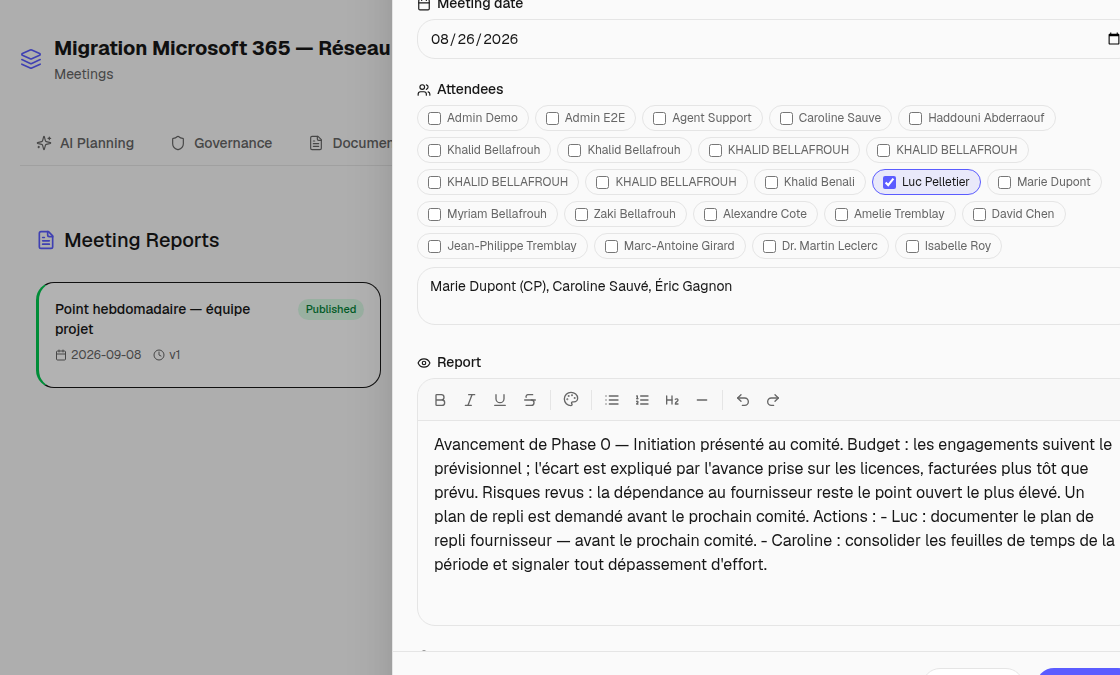 Project minutes: meetings, attendance, decisions and actions.